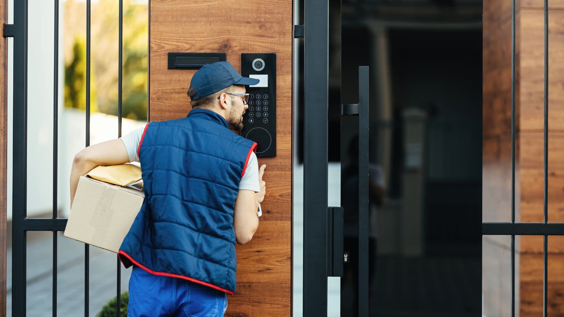 Back view of a delivery man ringing on the intercom at the door of a customer's house while delivering packages. The image is from www.freepik.com